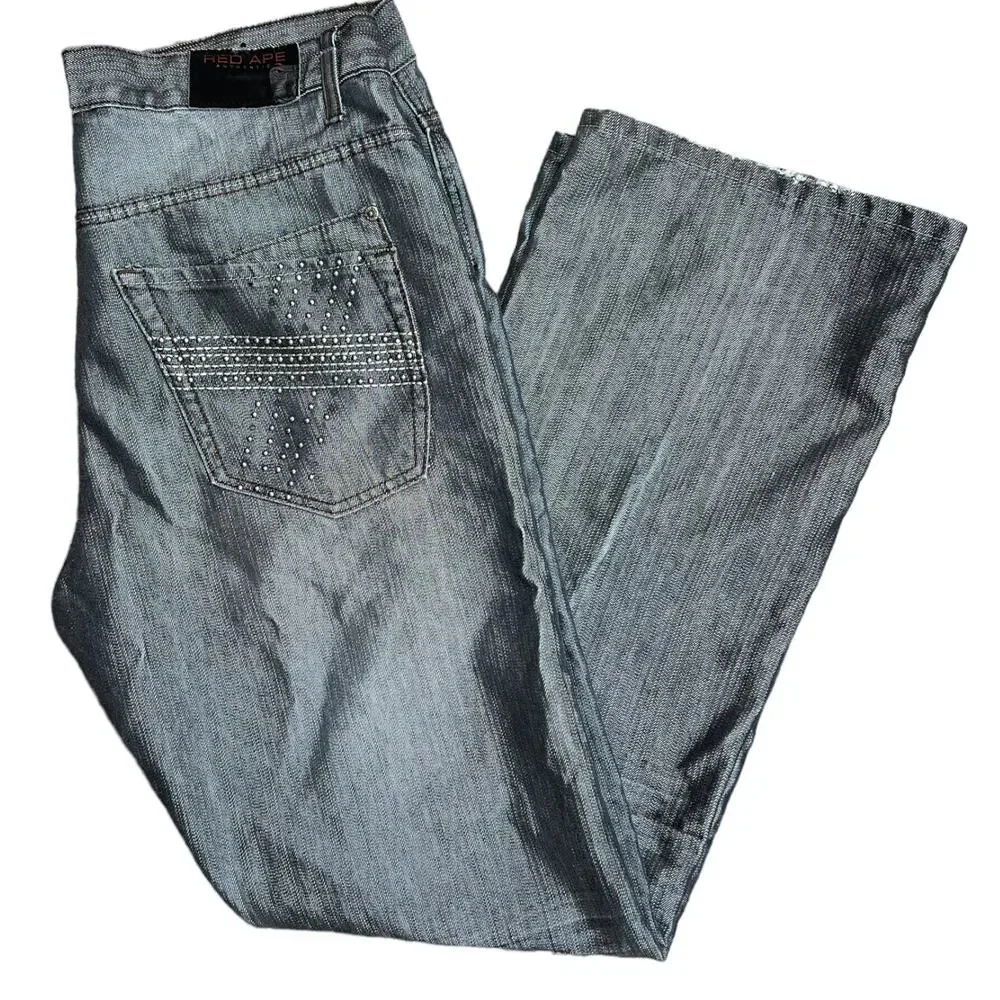 Cyber Y2K Gray 00s Jeans Stuudded Pocket Red Ape Cyber Grunge Size 38